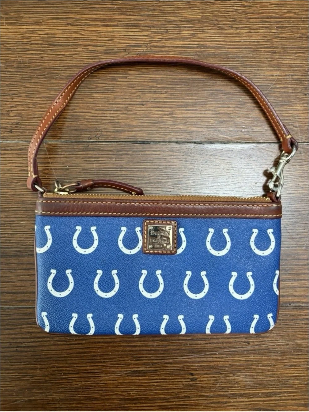 Dooney & Bourke Blue Horseshoe Print Wristlet with Brown Trim